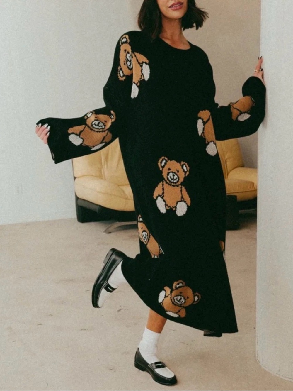 Dressed in LALA Oversized Black Teddy Bear Knit Sweater Dress